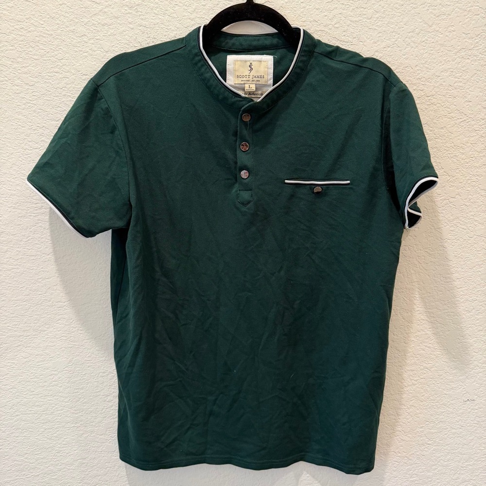 Scott James Mens Green Henley Polo Shirt Mandarin Collar Pique Knit Large